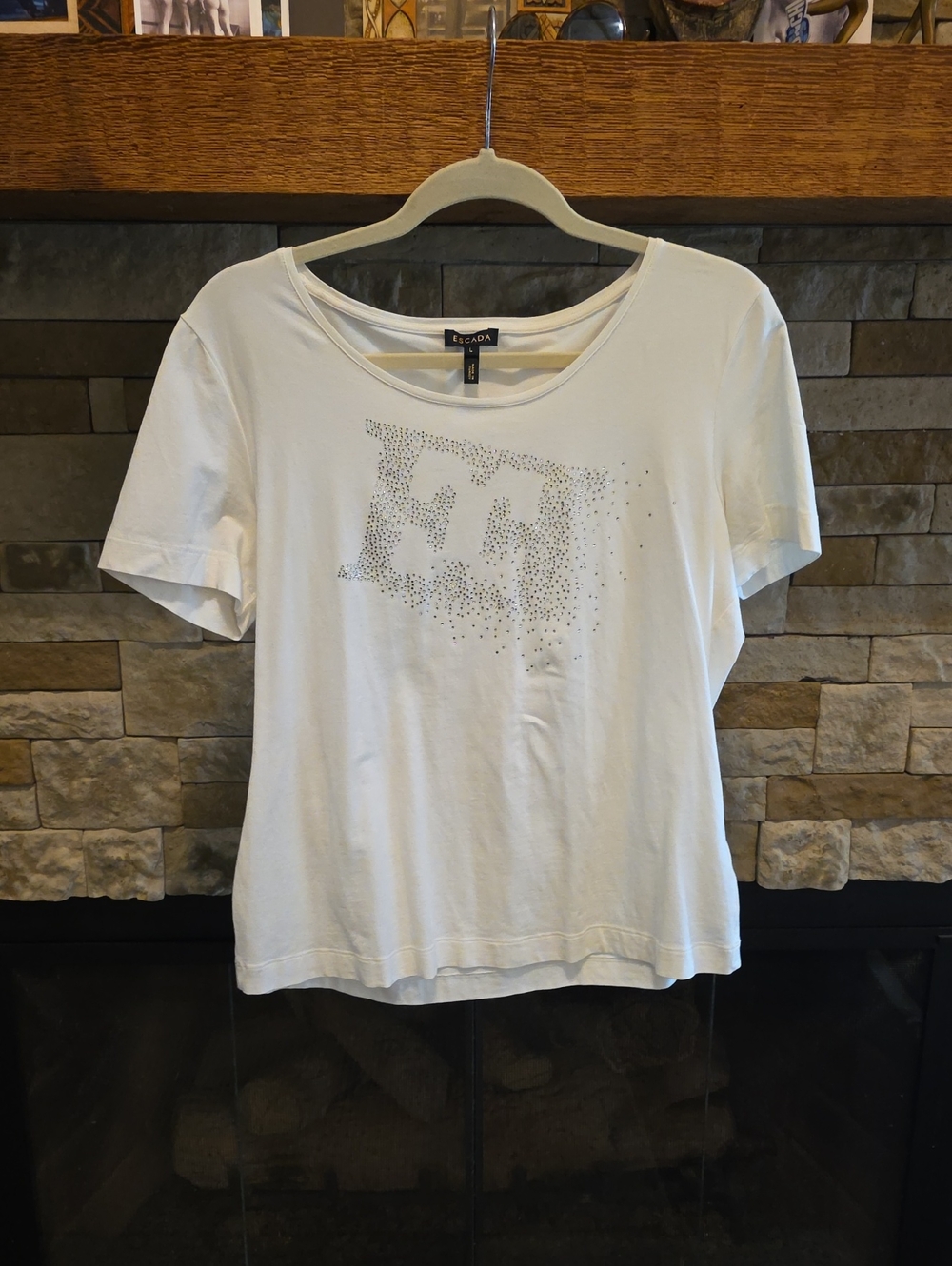 Escada White Short Sleeve Tee with Crystal Logo Detail